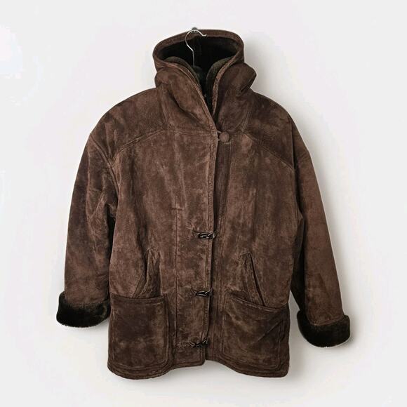 Vintage Synergy Oversized Leather Faux Shearling Coat Large Chocolate Brown - Picture 1 of 13